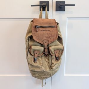 HIGH SIERRA Tan Canvas and Brown Leather Backpack Rucksack Hiking